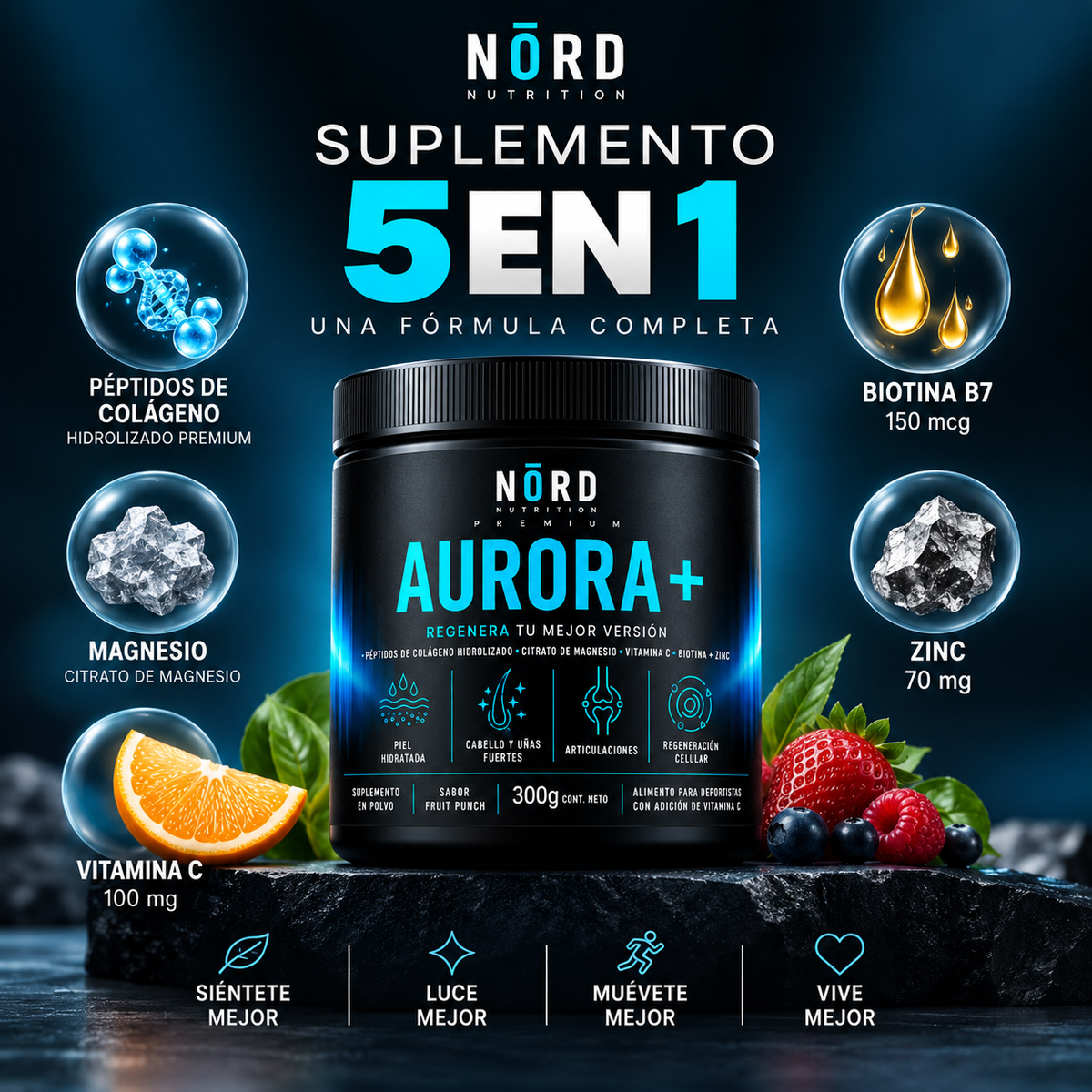 AURORA+ Colágeno 5 en 1 para Piel, Cabello y Articulaciones